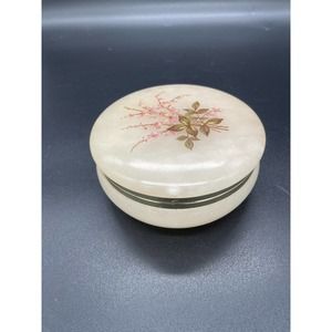 Vintage Alabaster Trinket Box Hand Painted Flowers Jewelry Box Made In Italy